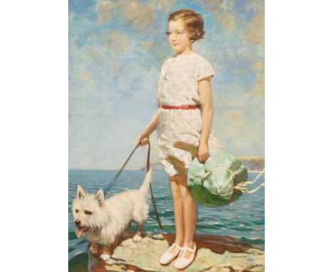 Joseph Greenup RA (1891-1946)/Portrait of Joan Laughton/aged twelve, standing on the shoreline with her West Highland Terrier