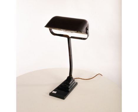 A painted metal desk lamp with articulated plastic arm and shade, stamped Erpe made in Belgium beneath, approximately 44cm hi