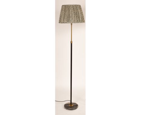 A brass and metal standard lamp of modern design, grey and white marble base with blue and white fabric shade, 171cm high/Pro