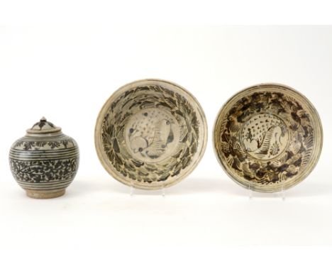 two 15th Cent. Siamese "Sawankhalok" bowls &amp; a 15th Cent. Siamese "Sawankhalok" pot with its lid in ceramic with blue dec