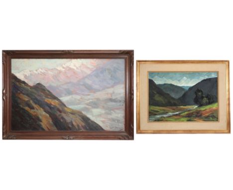 two paintings with a mountain landscape : oil on canvas signed Van der Elst and an oil on panel signed D. Jacobs || Lot van t