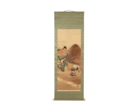 Chinese scroll painting with its box || Chinese scroll met een landschapsschildering  -  met originele houten doos 