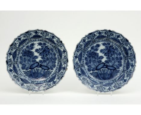 pair of very nice 18th Cent. dishes in marked ceramic from Delft with quite special and finely executed blue-white garden dec