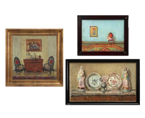 three 20th Cent. Belgian oil on panel - each with monogram G C || G C lot van drie olieverfschilderijen op doek : "Interieur 