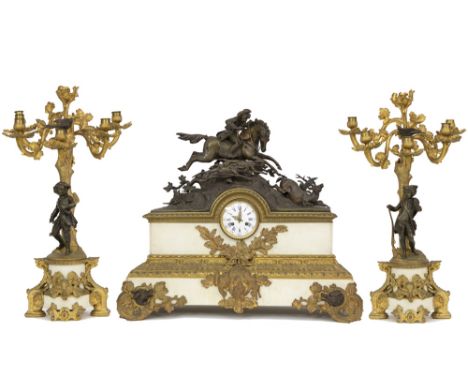 19th Cent. 3pc garniture in marble and partially gilded metal : a pair of candelabra (each with a figure) and clock with a sc
