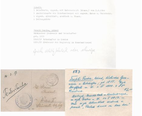 Ahmet Tevfik Pasha signature piece includes signed post card dated 14.2.17 and ALS. Ahmed Tevfik Pasha (February 1845 - 8 Oct