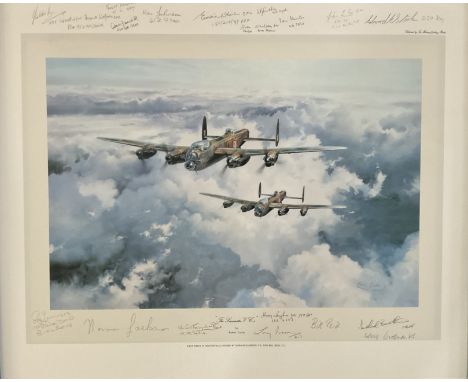 WWII Lancasters VC'S 24x19 inches multi signed colour print signed in pencil by 19 Bomber command veterans such as Bill Reid 