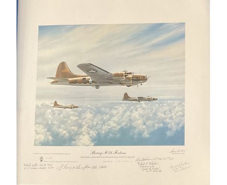 WWII Boeing B17E Fortress 22x20 inches multi signed colour print limited edition 648/850 signed in pencil by the artist John 