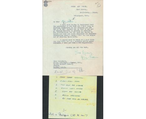 Dambusters copy letter from Guy Gibson dated 1st August 1944 to book publisher Miss N.R Pearn regarding manuscript for his bo