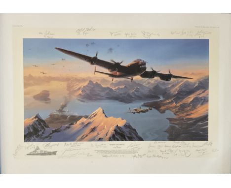 WWII Sinking the Tirpitz 28x18 inches multi signed colour print by the artist Nicolas Trudgian includes 28 WWII Bomber comman