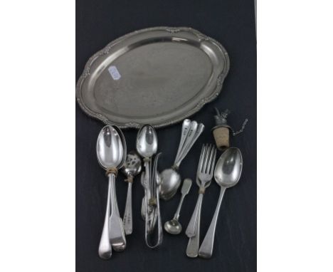 A set of six George V hallmarked silver teaspoons; James Deakin & Sons; Sheffield 1911 together with other silver and silver 