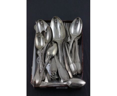 A part canteen of hallmarked silver flatware; 4 serving spoons; 6 dessert spoons, 8 teaspoons, 4 egg spoons, 6 table forks an