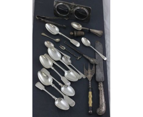 A mixed lot of silver and silver plate flatware to include Georgian silver sugar tongs and white metal double photograh frame