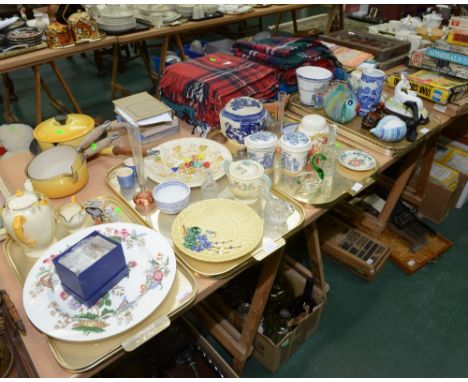 Four trays of glass and ceramics inc. Crown Ducal teapot and cream jug, blue and white ginger jar, fox model etc