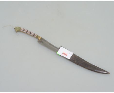 A mother of pearl and jade handled ceremonial dagger in a leather sheath, possibly Indian
