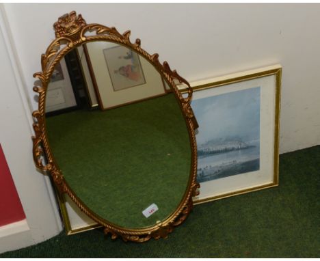 A gilt framed mirror in period style; tog. with a print