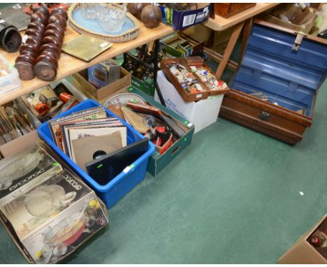 Four boxes inc. matchboxes, horse brasses, pewter, LPs, punch bowls etc; tog, with a vintage grain painted tin trunk containi