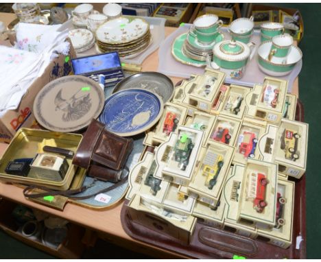 Two trays inc. a quantity Lledo boxed model advertising trucks, vintage camera, penknife, drawing set and a Poole pottery wal