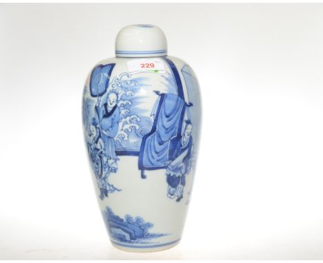 A Chinese blue and white porcelain covered jar, decorated with figures and with leaf mark to base. Height 25cm