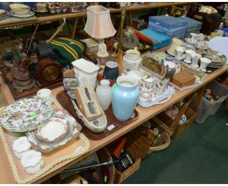 Five trays inc. Royal Doulton cabinet plates, musical tankard, Royal Doulton sea shanty jug, horse brasses, Poole pottery vas