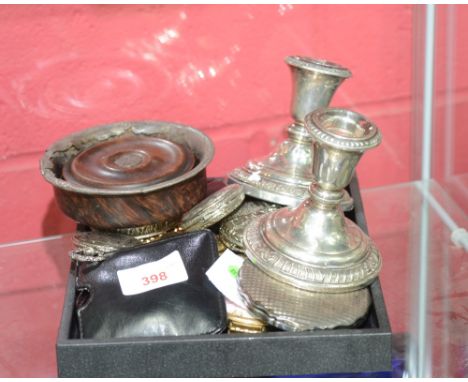 A collection of six powder compacts, a pair of dwarf candlesticks, six replica pocket watches, a turned wooden bowl and a tre