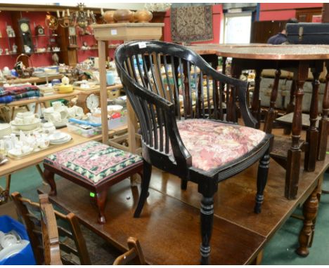 A 19th century ebonised chair; tog. with a footstool covered by a Glorafilia tapestry, a pine plant stand and 4 pine bun feet