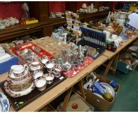 A tray of Royal Albert imari teawares, a tray of silver plate, a matchstick model of a train, a group of cased silver plate f