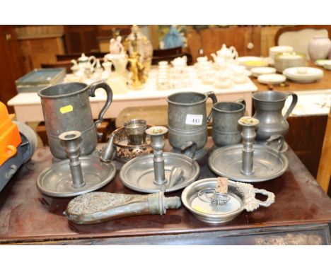 Various antique pewter mugs; three pewter chamber sticks; copper shop flask etc