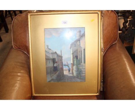 A pine framed Vernon Ward print together with an oleograph of a greyhound and a T Batesby, oil depicting a continental street