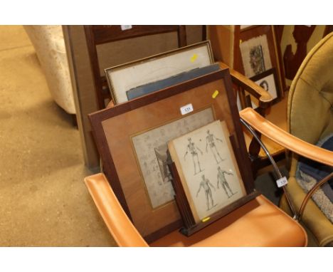 An anatomy print in Art Deco frame; one other framed and glazed print "Recollections of a Record Rain" etc