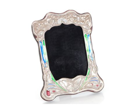 A sterling silver and enamel decorated Art Nouveau style photo frame with butterfly decoration 20cm x 16cm