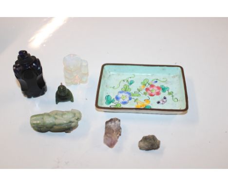 A blue glass scent bottle, jade coloured carving, moonstone type carving in the form of a cat and an enamel decorated pin tra
