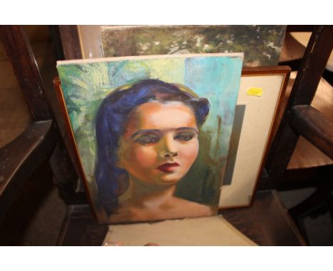 A pencil signed print of a dog; an oil on canvas of a woodland scene; two oil on board portrait studies etc