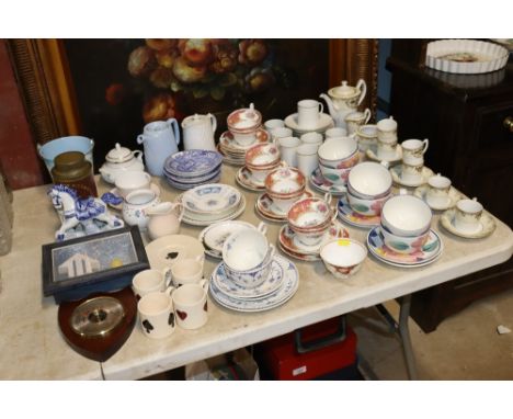 A quantity of various teaware etc to include Montrose Pattern, Coalport, Spode, an oak mounted barometer, vintage tin etc