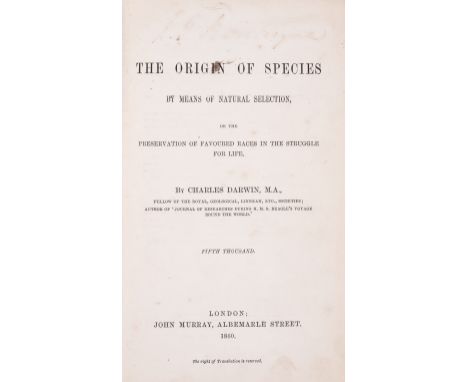 Darwin (Charles) On the Origin of Species by Means of Natural Selection, second edition, second issue with "fifth thousand" o