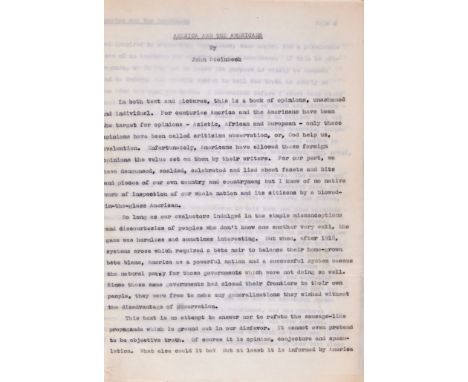 Steinbeck (John) America and Americans, original typescript, 146pp., preserved in brown wrappers, clamp binding, note from th
