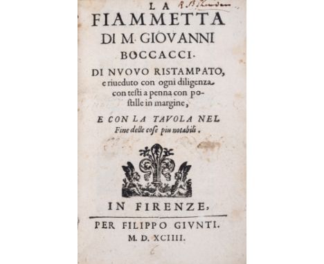 Richard Brinsley Sheridan's copy.- Boccaccio (Giovanni) La Fiammetta, italic type, woodcut printer's device to title, woodcut
