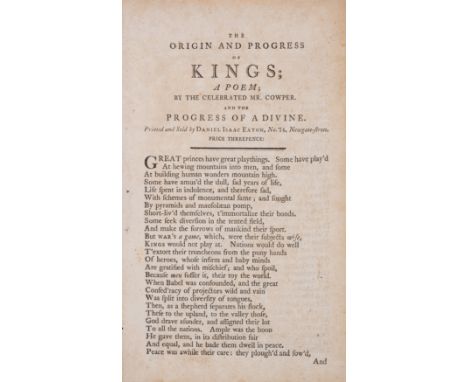 Slavery.- Cowper (William) The Origin and progress of Kings; a poem, 2 parts in 1, first edition, drop-head title, woodcut ch