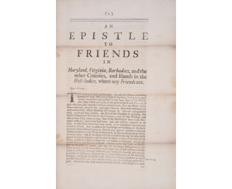 Slavery.- Quakers.- Bell (John) An epistle to Friends in Maryland, Virginia, Barbadoes, and the other colonies, and islands i