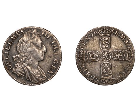 William III (1694-1702), Sixpence, 1698, third bust, large crowns, later harp (ESC 1243; S 3538). Very fine, marked  £30-£40