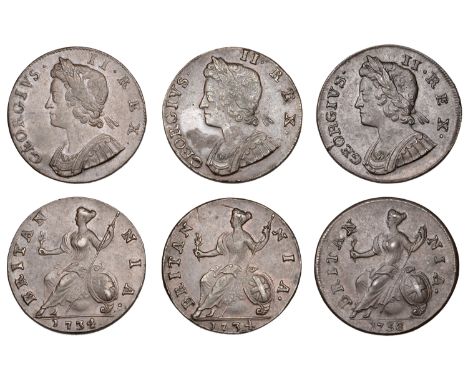 George II, Halfpence (3), 1734, 1734/3, 1738 (BMC 846, 847, 852; S 3717). First coin with some staining on obverse, all other