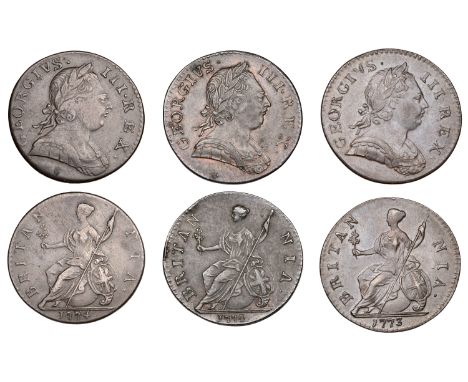 George III, Halfpence (3), 1773, 1774 (2) (BMC 904, 907; S 3774) [3]. First once lightly cleaned, the second with some origin