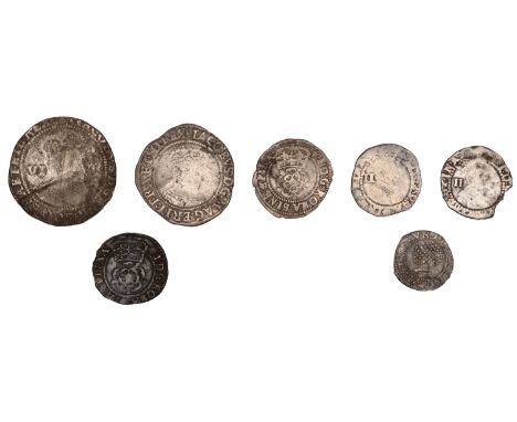 James I, Second coinage, Halfgroat, mm. rose, Penny, mm. pellet, 0.91g/9h, 0.60g/6h (S 2659, 2661); together with other silve