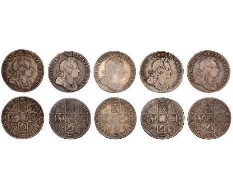 George I, Shillings (5), 1723 ss c, first bust (ESC 1586; S 3647) [5]. Varied state £120-£150