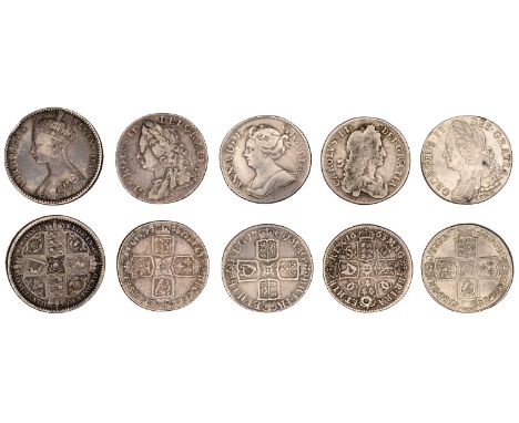 Charles II, Shilling, 1663 (S 3371); Anne, Shilling, 1709 (S 3610); George II, Shillings (2), 1745lima, 1758 (S 3703-4); Vict