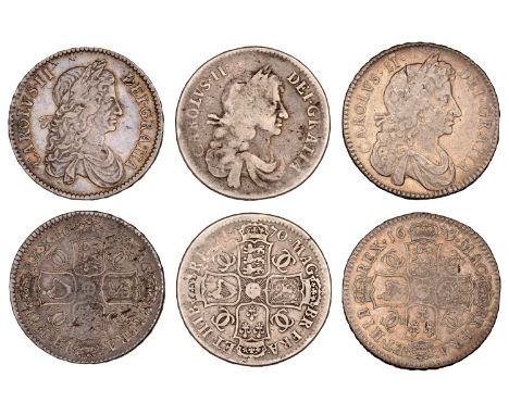 Charles II, Halfcrowns (3), 1663, first bust, edge xv, 1670, third bust, edge vicesimo, 1679, fourth bust, edge tricesimo pri