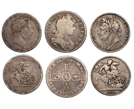 William III, Crown, 1695, first bust, edge octavo (S 3470); together with later Crowns (2), 1820, 1821 [3]. Fair to fine  £12