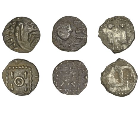 Early Anglo Saxon, Sceatta, Series N, type 41b, two standing figures with elongated limbs, pellet cross between their faces, 