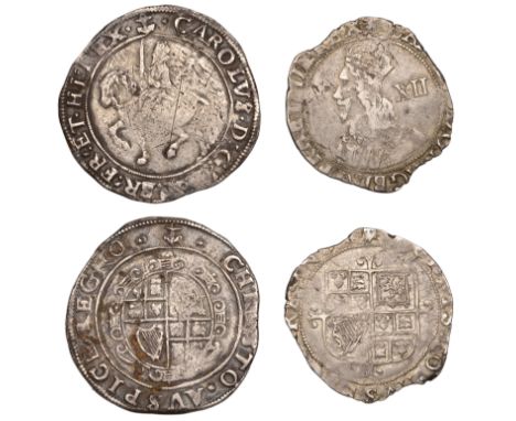 Charles I, Tower mint, Halfcrown, Gp III, type 3a2, mm. upright anchor, 14.41g/3h, Shilling, Gp H, bust 1, mm. sun, 6.01g/1h 