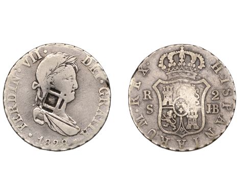 Cuba, Province of Trinidad, a Spanish 2 Reales, 1828jb, Seville, obv. countermarked on centre of portrait, 5.69g/12h (KM. 6).